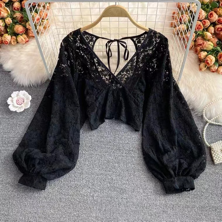 Elegant, Classy, V-neck Hollowed-out Lace Lace Shirt, Long-sleeved Shirt, Sexy Backless Short Top
