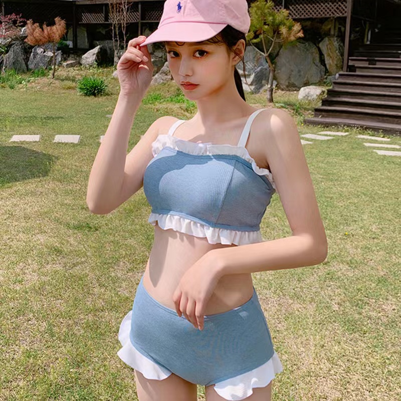 Swimsuit, Young Girl, Little Fresh, Blue Spaghetti Strap, White Ear Rim, Two Piece Conservative Swimsuit
