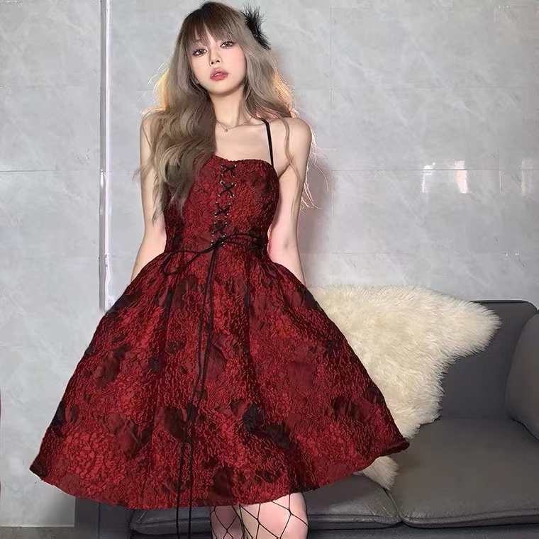 Vintage Red, Textured Jacquard, Halter Dress, Waist, Backless Dress