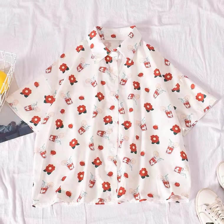 Chic Cartoon Printed Student Top,. Loose.,versatile, Polo Collared Shirt With Short Sleeves