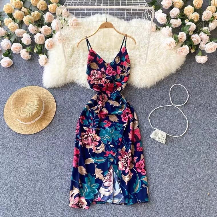 Summer, sexy, fashion floral spaghetti strap dress, spice girl slit dress