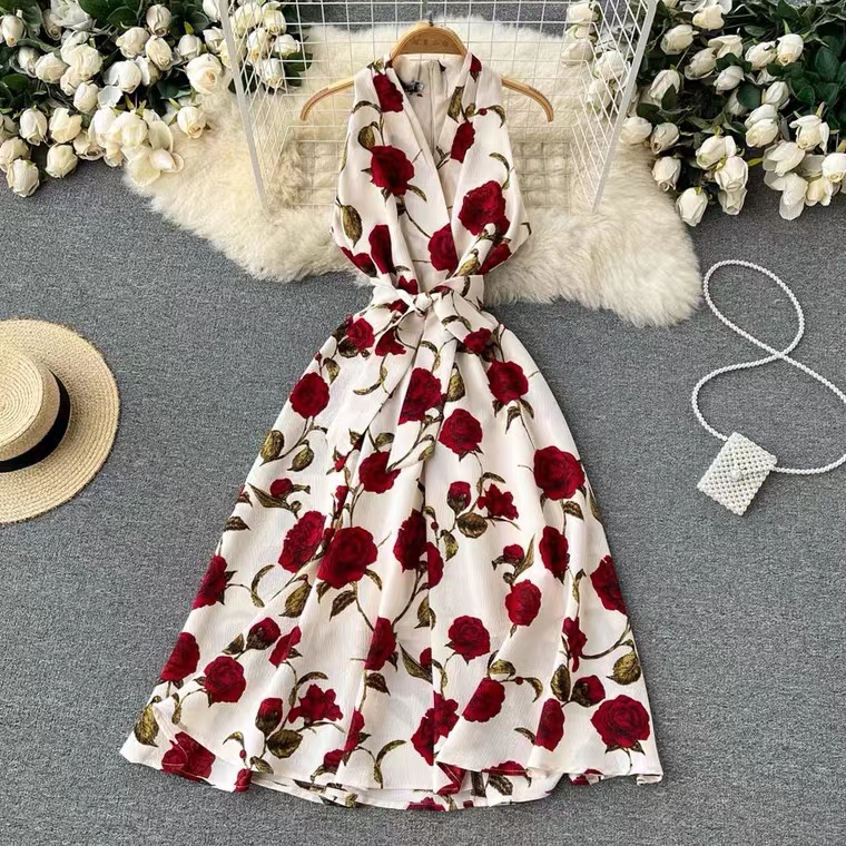 V-neck Party Dress,vintage Dress,rose Floral Dress