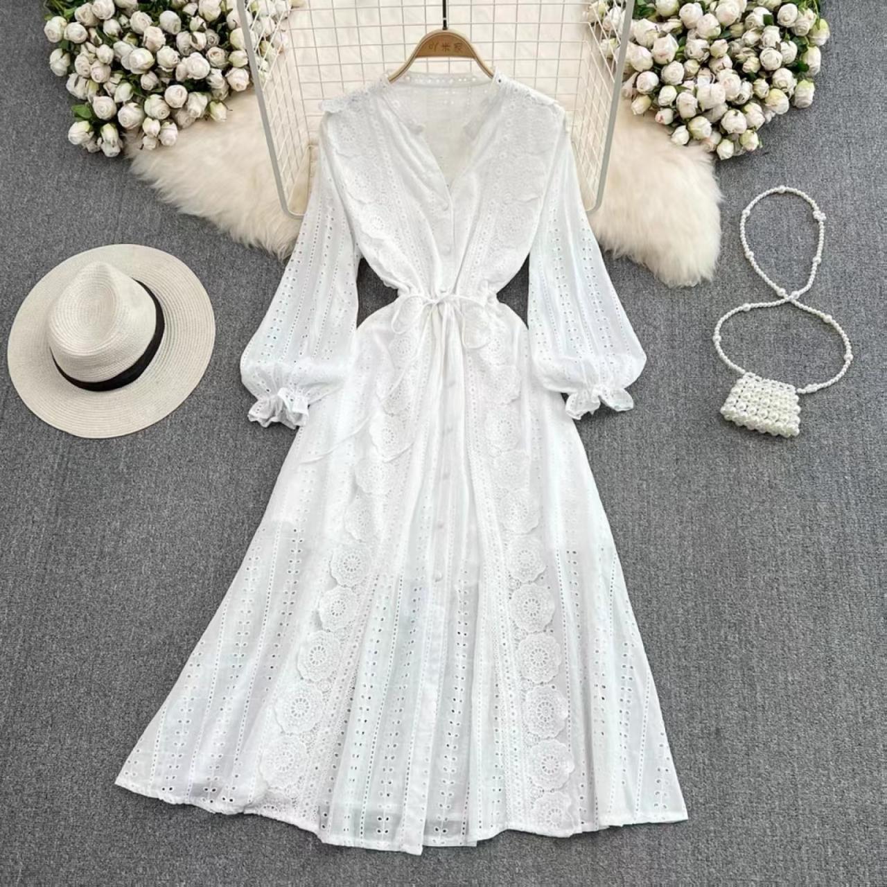Fairy, White Dress, V-neck Fashionable Beach Holiday Dress,long Sleeve Elegant Dress