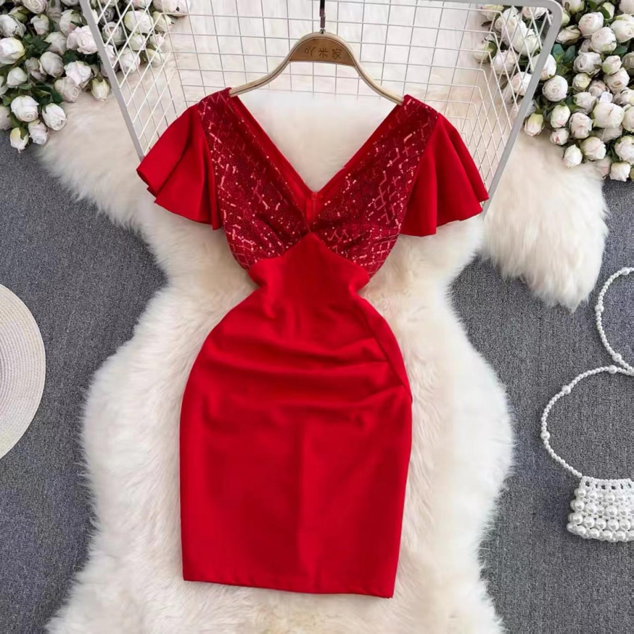 Summer, new, fashionable, sexy, sparkly sequins dress, V-neck, backless lotus sleeve bodycon dress