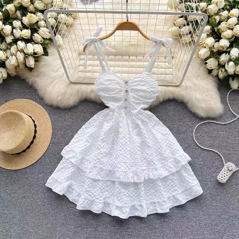 Senior Sense Temperament Dress, Cute Spaghetti Strap Dress ,summer White Cake Dress