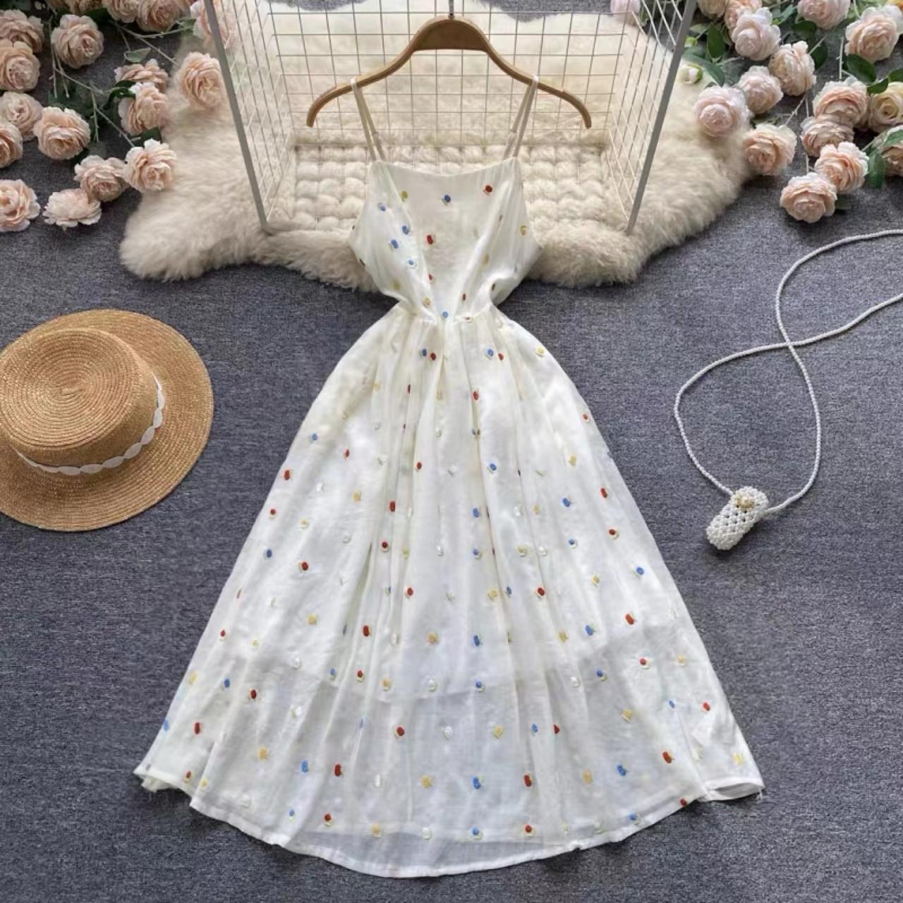 Gentle Wind, White Dress, Waist Tembroidered Dress S,uper Fairy A-line Dress