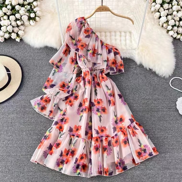 Stunning, Fashionable, Ruffled, , Waist Floral Chiffon Dress, Elegant Big Swing Dress