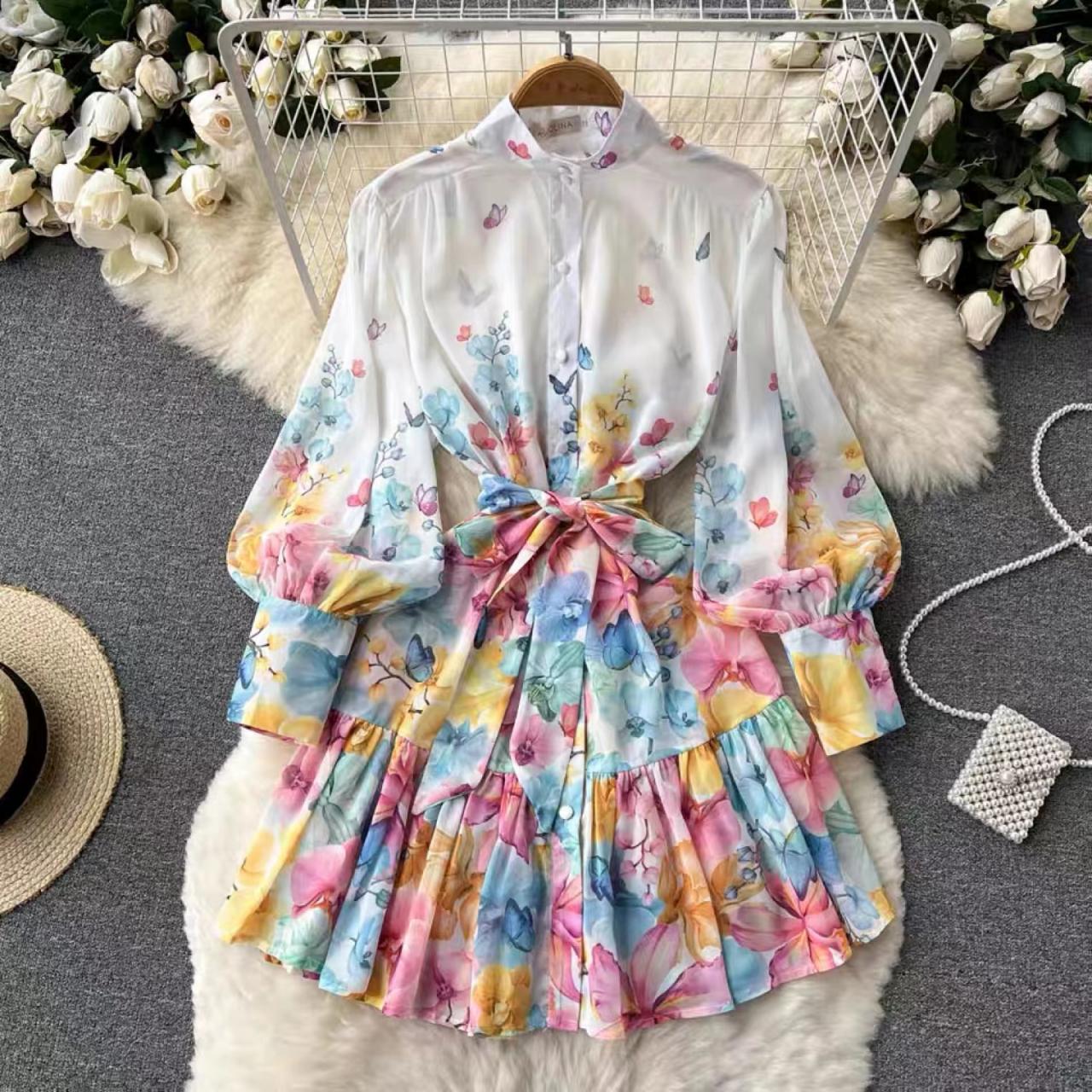 Vintage, Temperament Printed Stand Collar Dress, Bubble Long Sleeve A-line Dress
