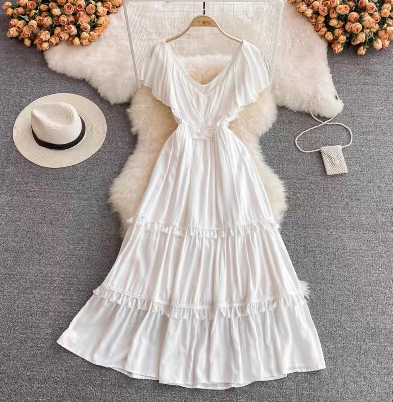 Beach Holiday Dress, V-neck White Fringed Peplum Halter Dress, Elegant Swing Dress