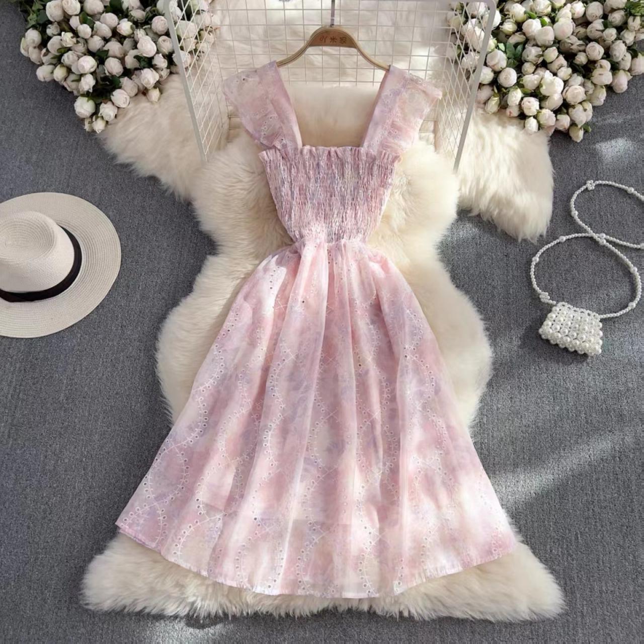 Pink Fly Sleeve Floral Dress, Sweet, Girl, Super Fairy Temperament Strap Dress