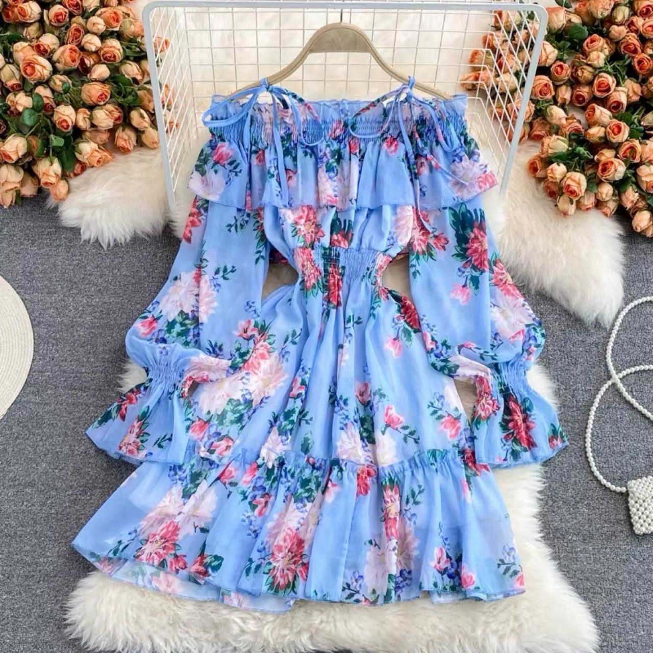 Gentle , Fairy Off Shoulder Dress, Horn Sleeve Floral Chiffon Dress