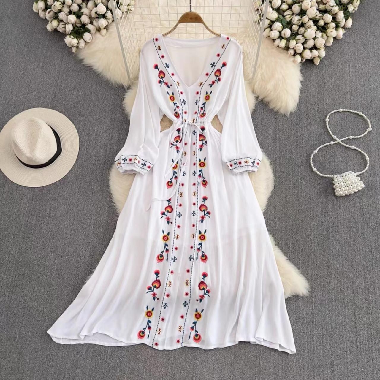 Bohemian Beach Dress, Ethnic Style, V-neck Embroidered Waist A-line Dress