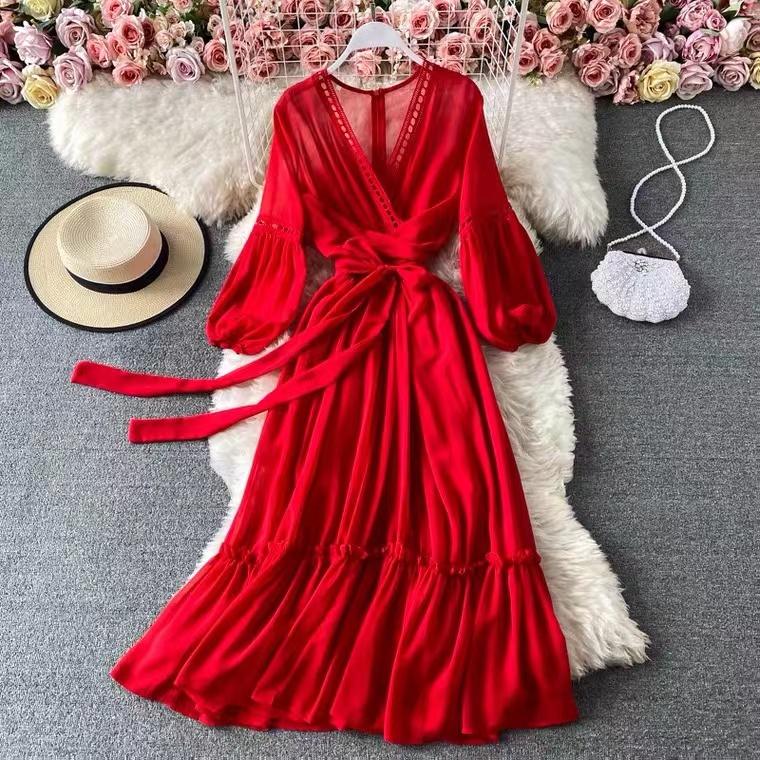 Ethnic Style, Vintage Red V-neck Lantern Sleeves Travel Waist Swing Dress