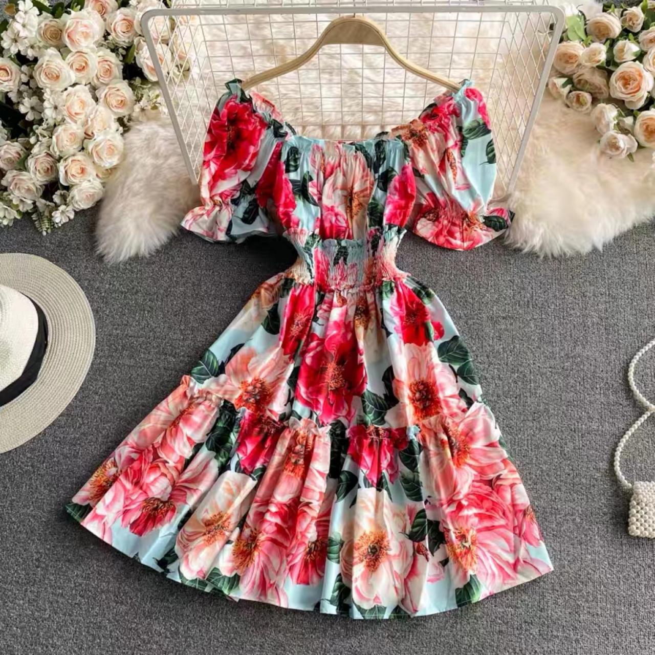 Vintage, Gentle, Holiday Printed Square-neck Dress, Puffed Sleeves High Waisted A-line Midi Dress