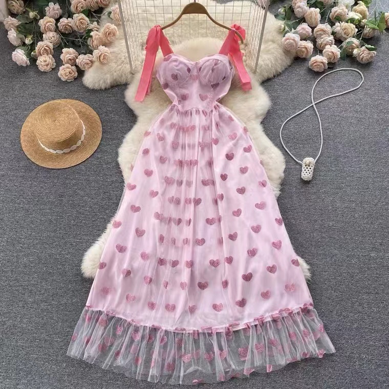Fairy, Sweet, Fresh, Pink Princess Spaghetti Strap Dress, Waist, Beach Vacation Dress