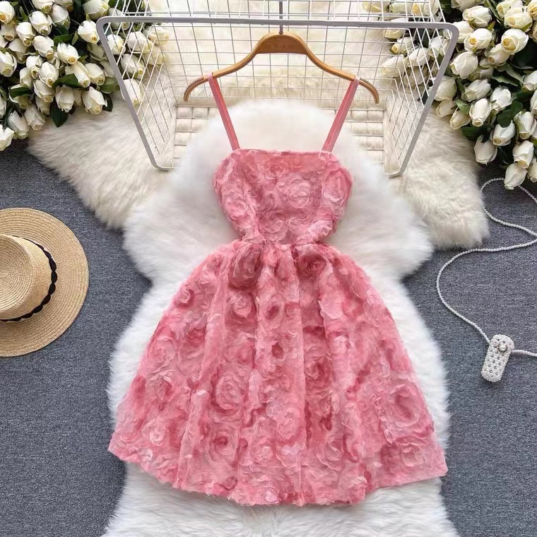 Romantic, 3d Flower Pink Dress, Spaghetti Strap Fairy Dress, Sweet Waist A-line Dress