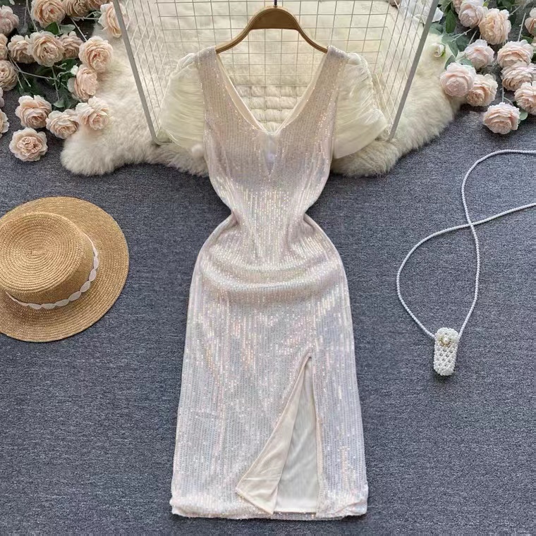 Socialite Dress, Pleated, Short Sleeve Spliced Sequin Dress