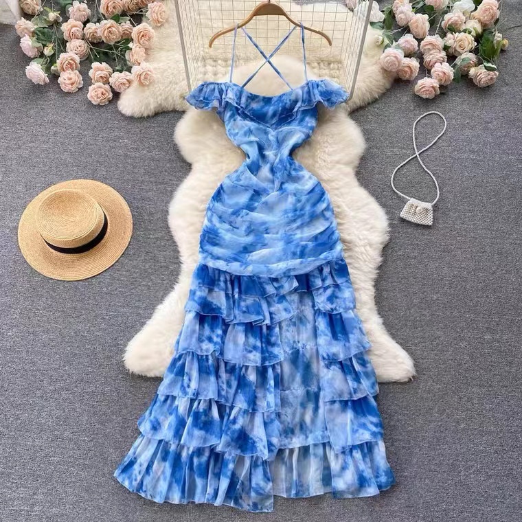 Tie Dye Strap Shoulder Dress, Fairy, Fashion Temperament Waist Cake Dress