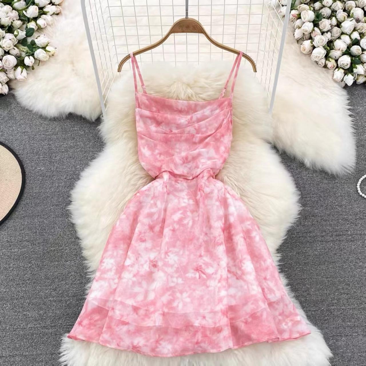 Pink Floral Spaghetti Strapdress, Summer, Sexy, Backless, Sleeveless Waist A-line Dress