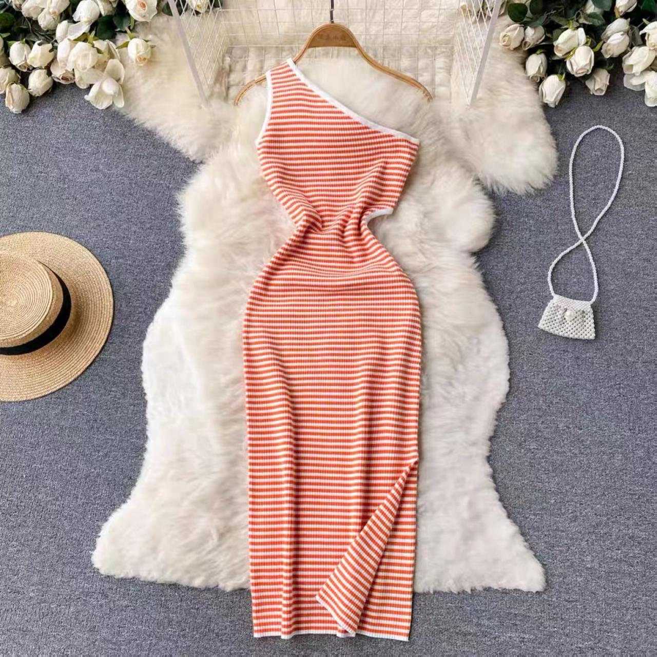 Soft Style, Striped One-shoulder Knit Dress,bodycon Dress, Slit Mid-length Dress