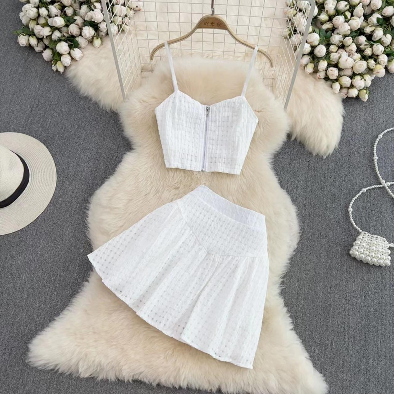Fashion suit, hot girl zipper tank top, two-piece suit, high-waisted A-line skirt