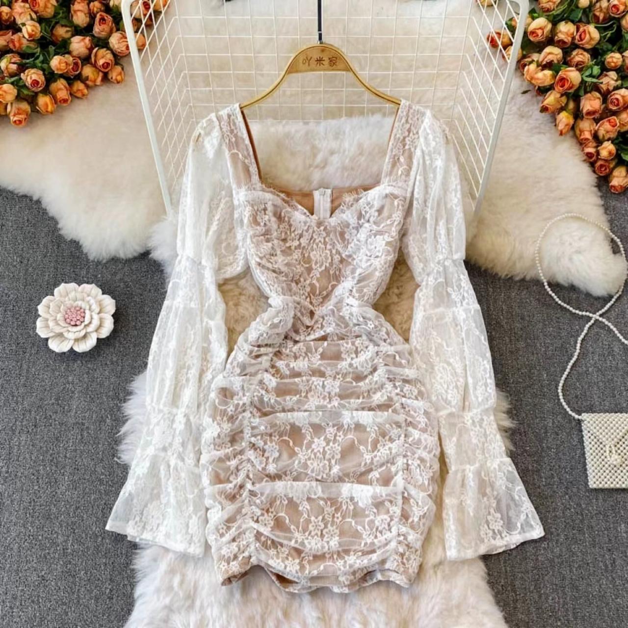 Sexy, square neck, flared sleeves, long sleeves dress, slim dress lace bodycon dress 