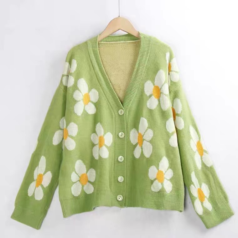 Large Size, V-neck Cardigan, Buttons, Flowers, Sweater Top