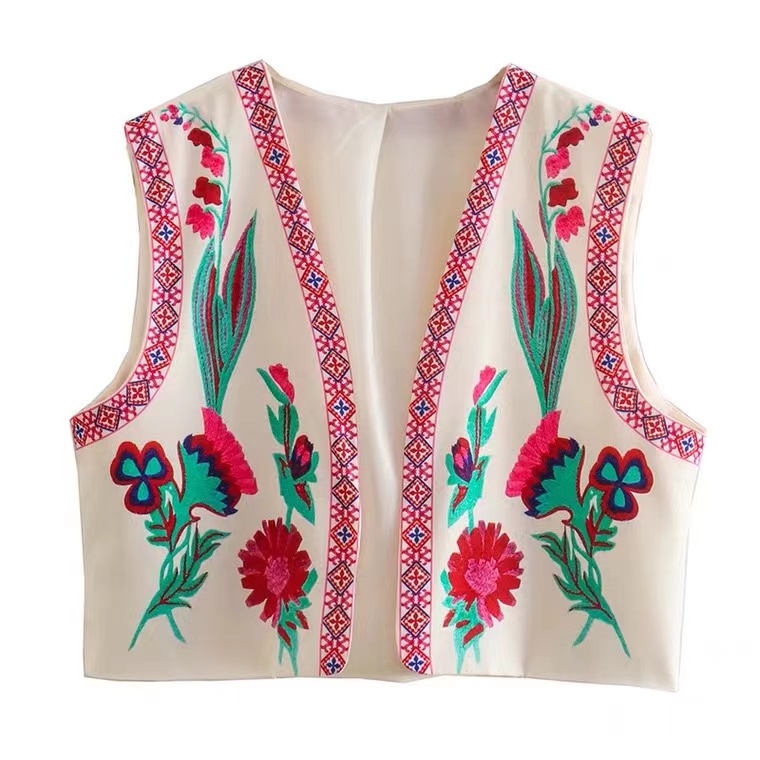 Ethnic Style, Vintage, Flower, Printed Sleeveless Waistcoat, Loose, Casual, Short Style Small Top