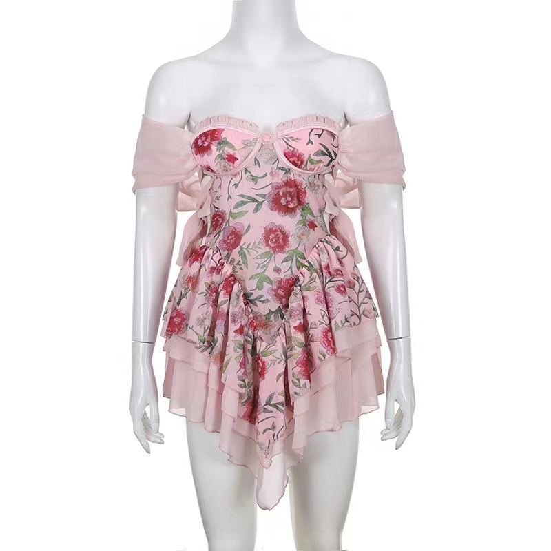 Flowers, Mesh Stitching, A -line Dress,off Shoulder Sweet Waist Dress, Cute Short Dress