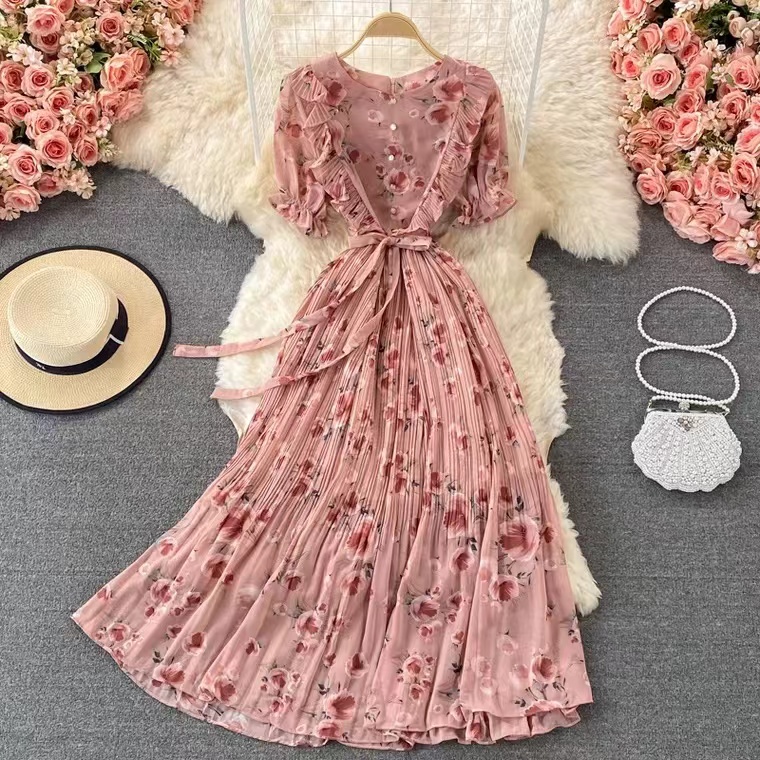 Chiffon Dress, Temperament, V-neck, Long Irregular Holiday Style Pleated Floral Dress