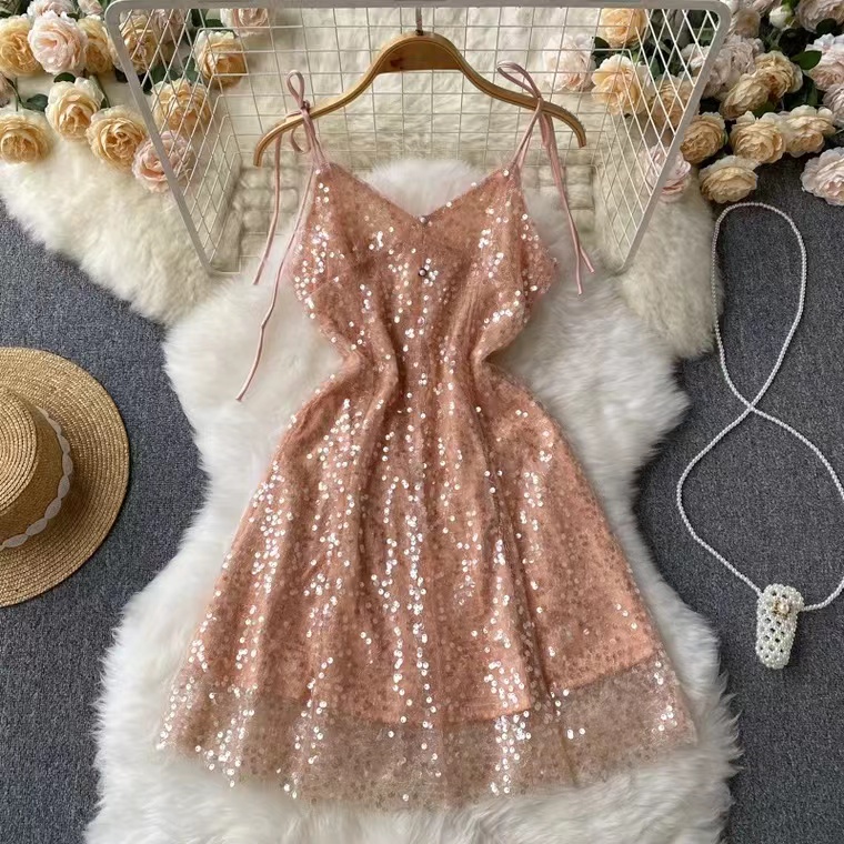 Glitter Sparkles Dress, Sweet, Girl,v Neck Party Dress, ,sequin Little Dress,spaghetti Strap Dress