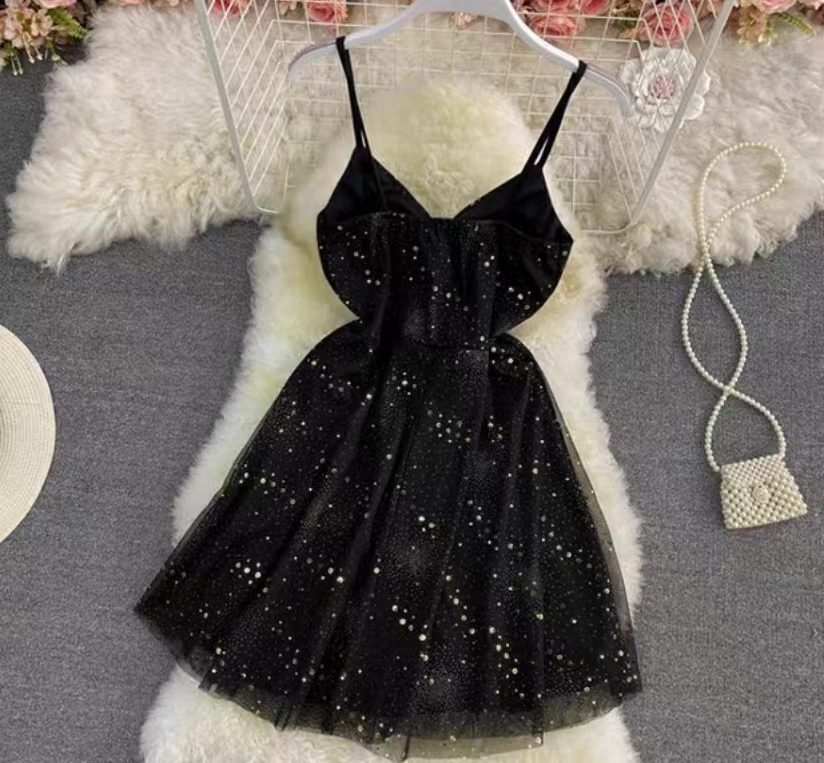 Off Shoulder Black Little Dress, Mesh Panel Spaghetti Strap Dress, Sequin A-line Dress