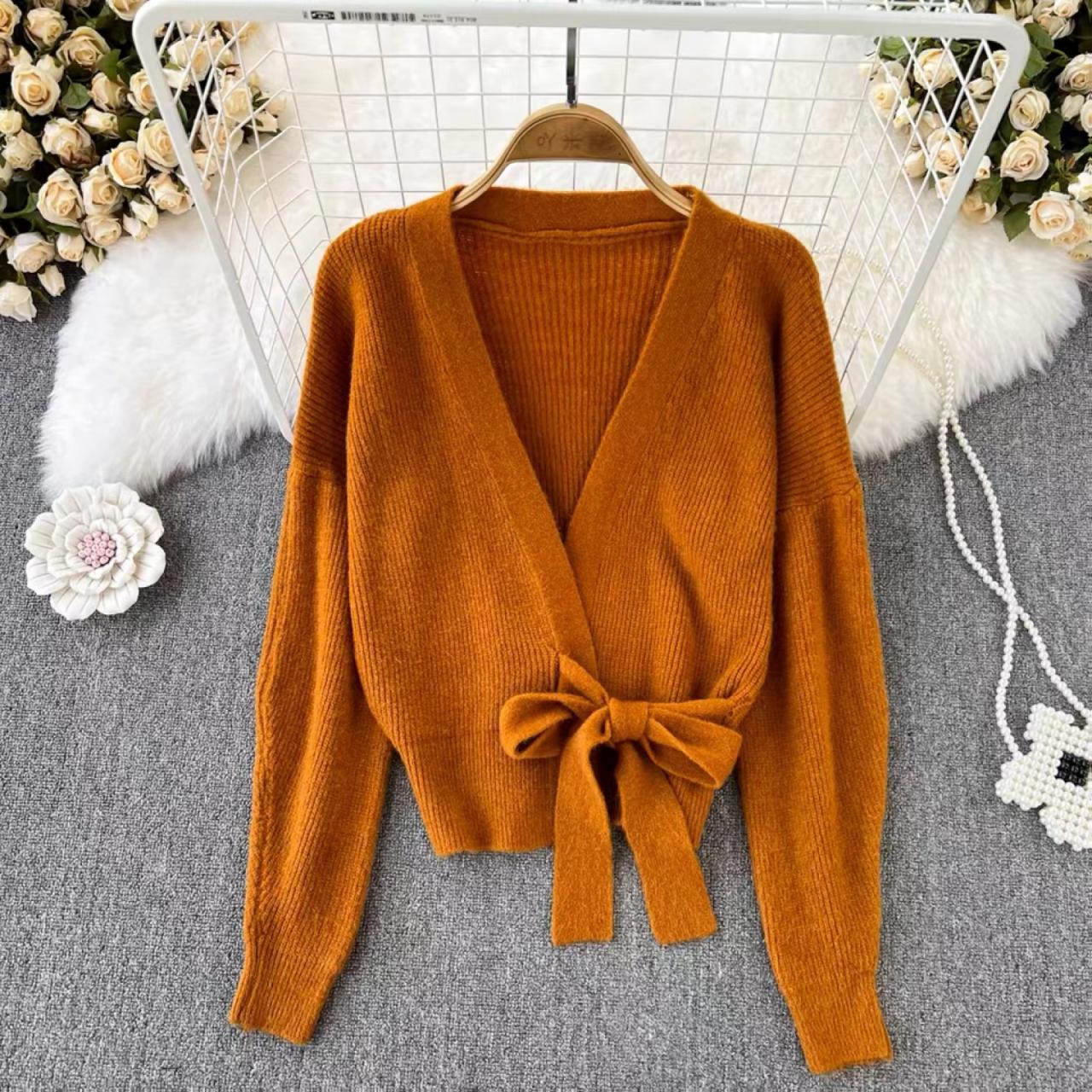 Autumn And Winter, V-neck, Lazy Wind, Lace-up Cardigan Sweater Coat, Retro, Temperament, Loose Long-sleeve Sweater Top