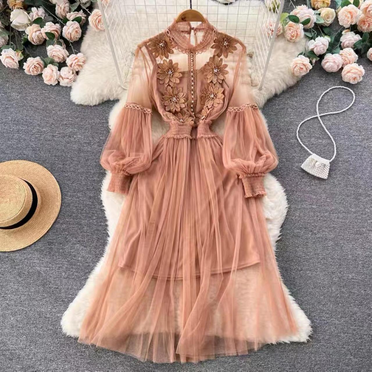 3d Flower Tulle Dress, Stand Collar Lantern Sleeve High Waist Fairy Sling Dress, Long Sleeve Fairy Dress,two Pieces