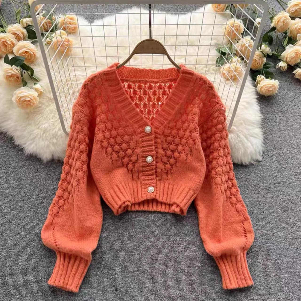 Knit Cardigan Sweater, V-neck Design Hollow Short Cardigan