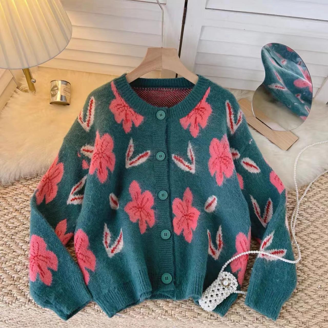 Elegant,lapel Print Sweater, Lazy Wind Loose Cardigan