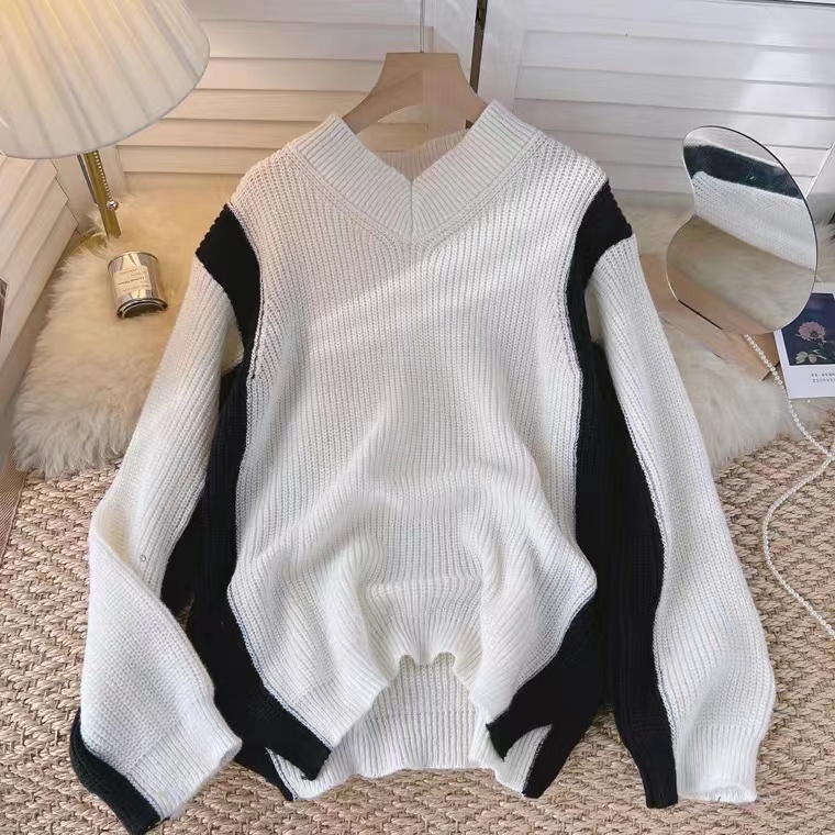 Lazy Style, Loose, V-neck Matching Color Long Sleeve Sweater, Autumn And Winter Mid-length Jumper Sweater