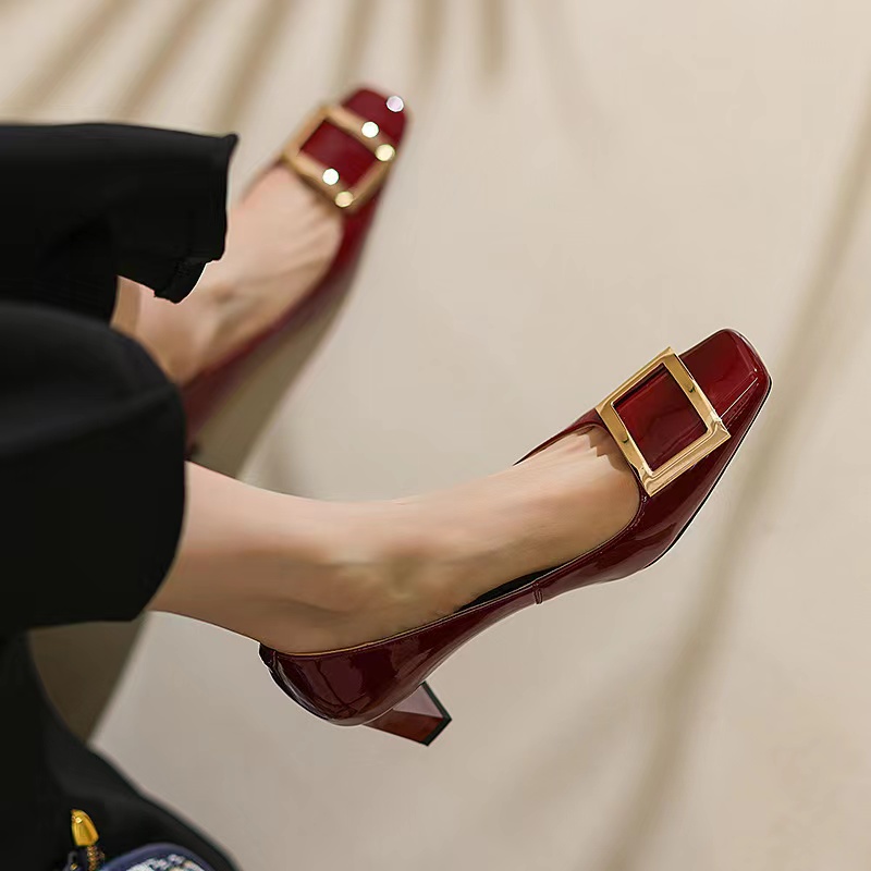 Square High Heels, Gentle, Temperament, Metal Square Buckle Thick Heel Fashion Single Shoes