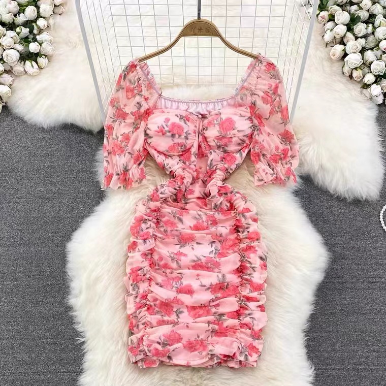Gentle Wind, Sexy, Square Collar, Bubble Sleeves, Exposed Collarbone, Temperament, Flower Bodycon Dress