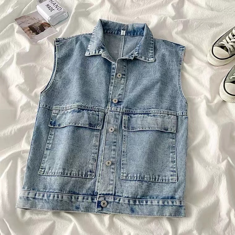 Denim waistcoat, spring/fall, new, loose, student overalls, thin top, youth vest jacket