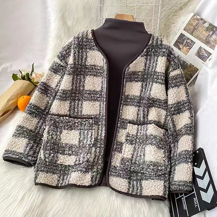 Lamb Wool Short Coat, Autumn And Winter, Versatile, Vintage Plaid Top