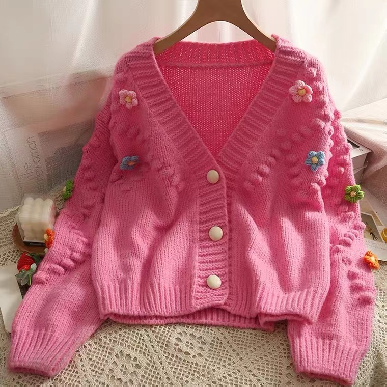 Sweet 3d Flowers, Low Neck Single Breasted Cardigan Sweater, Loose Long Sleeve Knitted Sweater