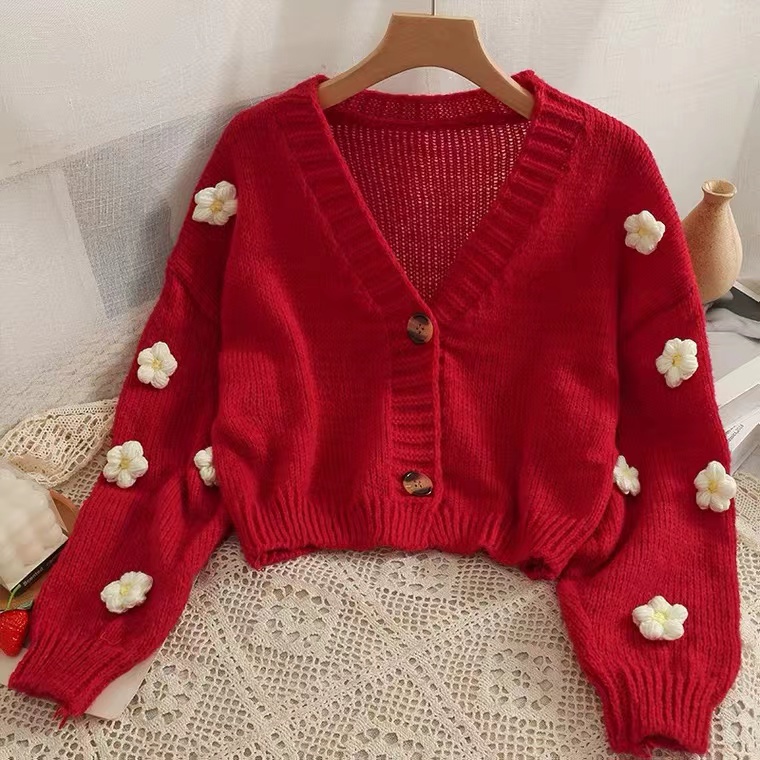 Sweet Wind, Short, Two Button Knit, 3d Flower Low Neck Long Sleeve Cardigan Sweater
