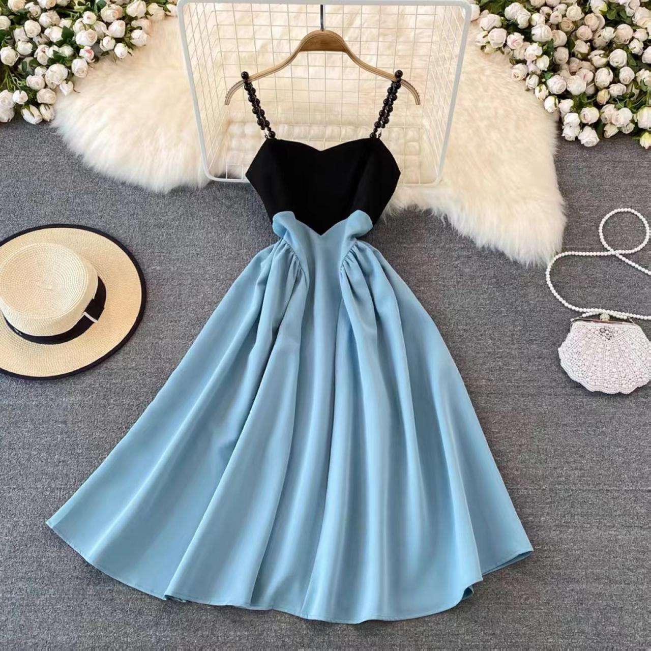 Sexy, Palace Style, Black And Blue Spaghetti Strap Dress, Backless, Slim Party Dress