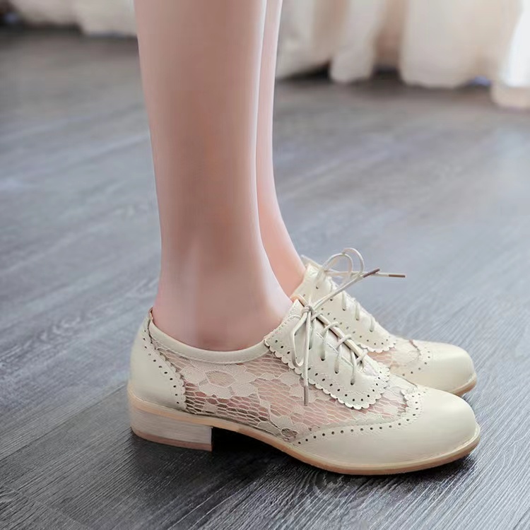 College Style, Youth, Round Head Lace-up Hollow Out Breathable Mesh Shoes, Low Heel Women's Shoes