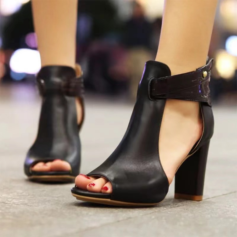 Peep Tie Black Sandals Women Shoes