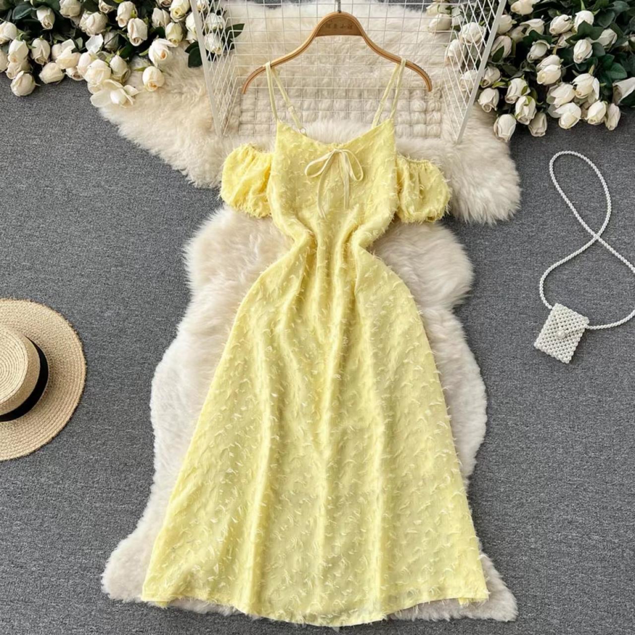 Fairy Dress, Temperament, Off-the-shoulder Short Sleeve Dress, Yellow Sling Midi Dress