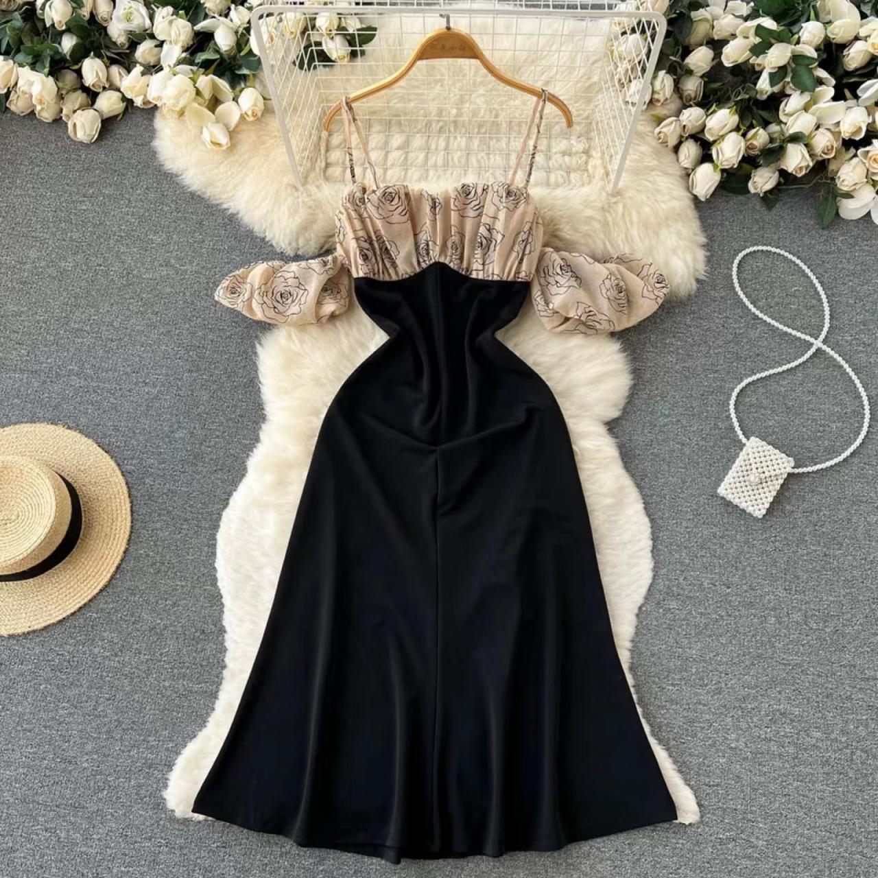 Senior Sense, Print Stitching ,off Shoulder Strap Dress, Summer, Waist Black Dress