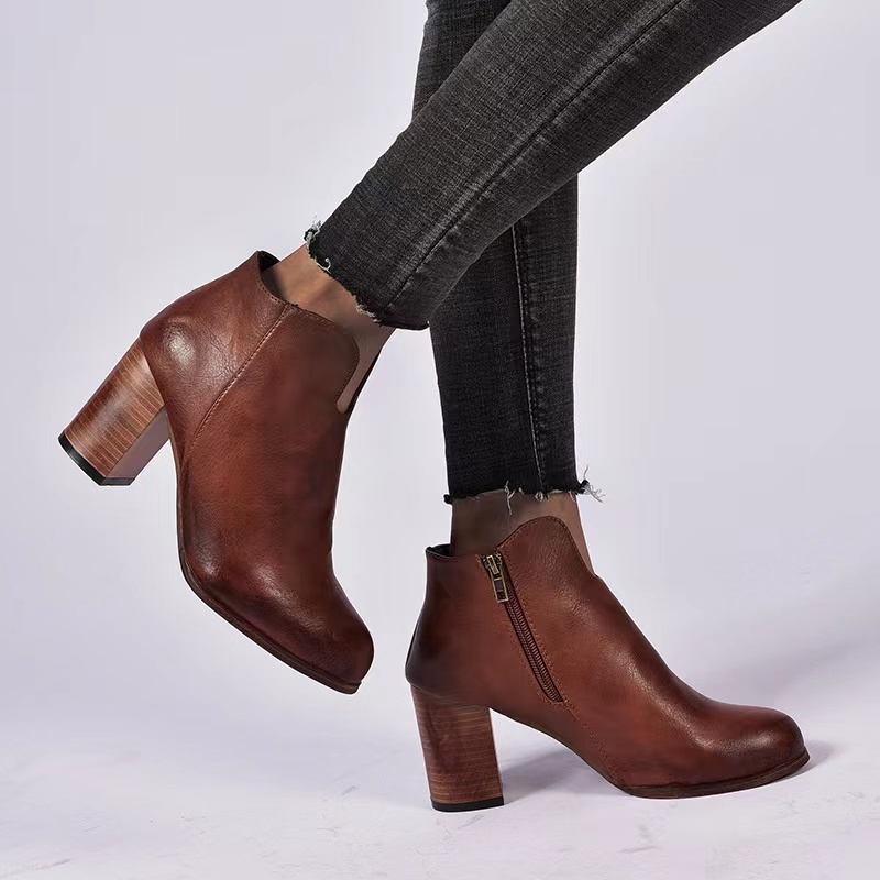 Chunky Heeled Women Leather Boots,vintage Ankle Boots