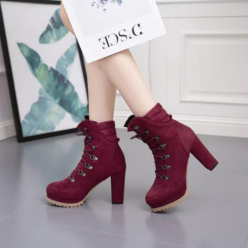 Autumn/winter, High Heel, Thick Heel, Round Head, Suede, Lace-up, Rivet Ankle Boots, Women's Fashion Boots